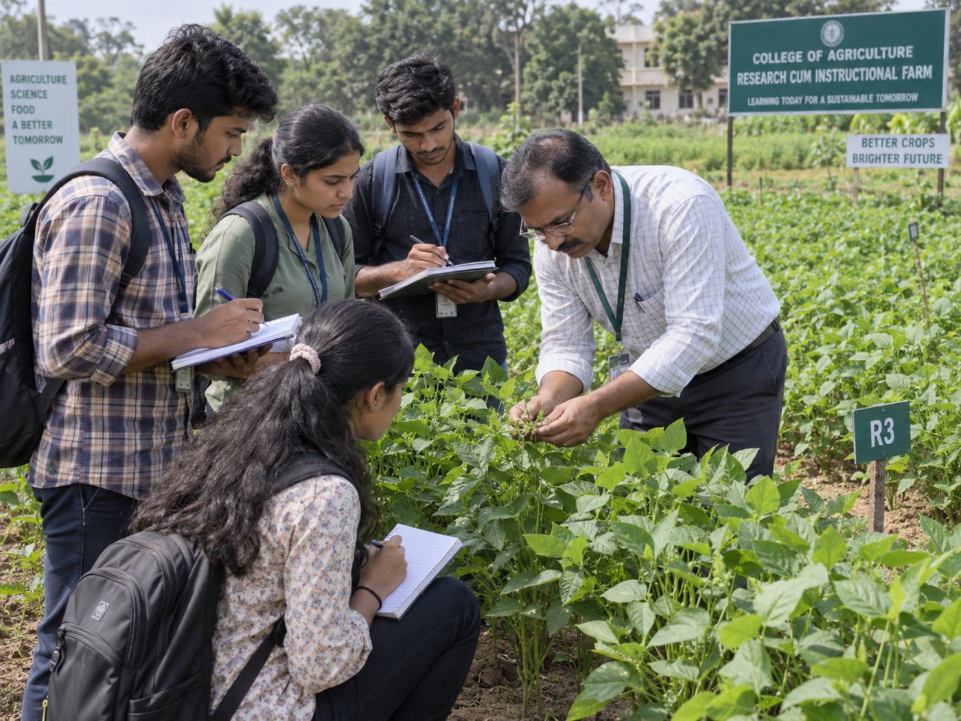Agriculture students studying a crop with their teacher