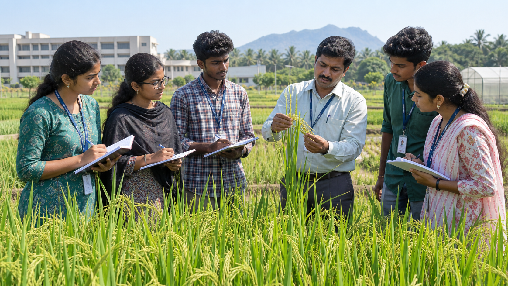 Agriculture students learning crop science with an instructor
