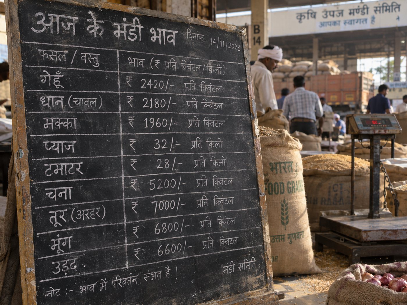 Chalk board at a mandi showing today's rates by crop