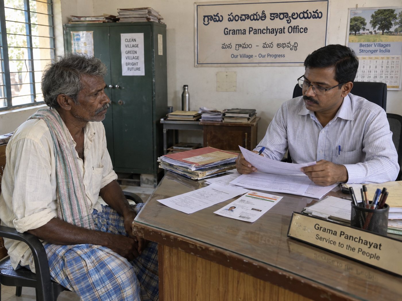 A farmer applying for a scheme at a village panchayat office