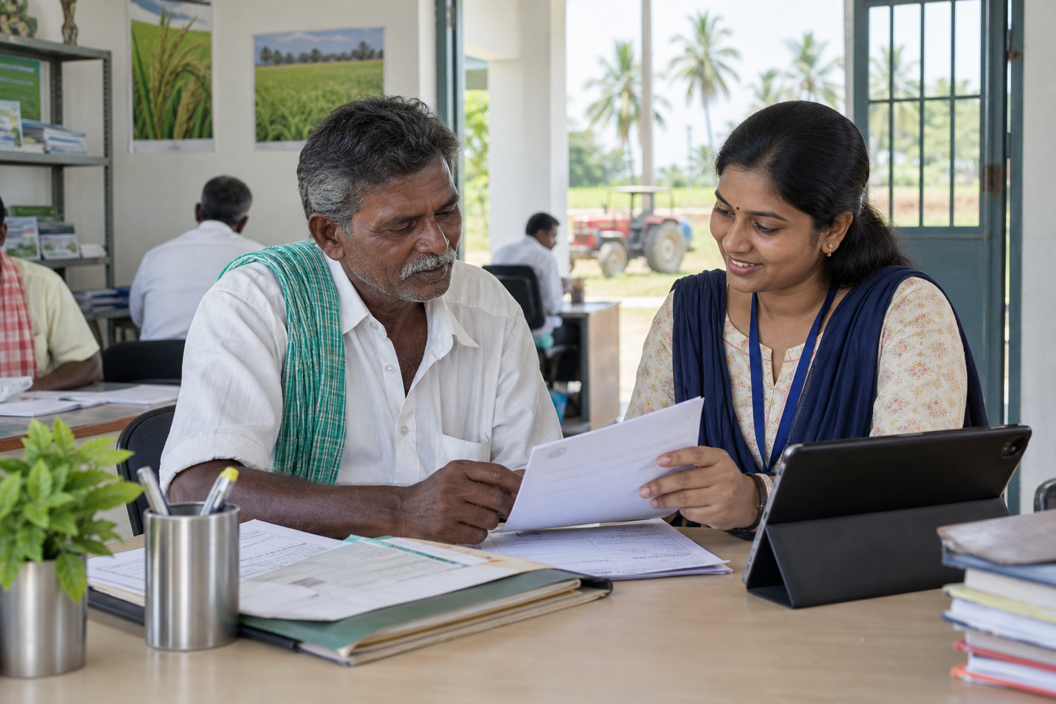 Agriculture officer explaining documents to a farmer